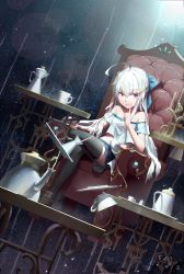 Rule 34 | 1girl, ahoge, arm rest, black thighhighs, bow, canzhajiang, chair, coffee maker, crossed legs, cup, dutch angle, finger to cheek, hair bow, hair ornament, hairclip, highres, light smile, loafers, long hair, looking at viewer, md5 mismatch, navel, off shoulder, original, pink eyes, resolution mismatch, saucer, shirt, shoes, short sleeves, sitting, skirt, sky, solo, source smaller, star (sky), star (symbol), starry background, starry sky, teacup, teapot, thighhighs, white hair, zettai ryouiki