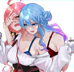 Rule 34 | 2girls, bite mark, blue bra, blue eyes, blue hair, blue nails, bra, breasts, flower, gradient hair, green eyes, hair between eyes, hair bun, hair flower, hair ornament, half-closed eyes, hand on another&#039;s face, highres, holding another&#039;s wrist, hololive, hoshimachi suisei, large breasts, long sleeves, looking at another, multicolored hair, multiple girls, nail polish, off shoulder, pink hair, purple hair, red bra, saco (cgmore), sakura miko, sakura miko (casual), shirt, side bun, simple background, single hair bun, single side bun, twintails, underwear, virtual youtuber, white background, white shirt, yuri