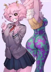 Rule 34 | 1girl, armpits, arms up, ashido mina, ass, ass focus, back, black eyes, black sclera, blush, bodysuit, boku no hero academia, breasts, collared shirt, colored sclera, colored skin, cowboy shot, curly hair, cute smile, facing away, female focus, frizzy hair, from behind, giant ass, grin, hands up, horns, huge ass, iwbitu, jacket, large breasts, long sleeves, looking at viewer, median furrow, medium breasts, medium hair, multiple girls, multiple views, necktie, one eye closed, outstretched arms, pink hair, pink skin, pleated skirt, red necktie, school uniform, shirt, short hair, shounen jump, simple background, skin tight, skirt, smile, solo, standing, sweater, thick thighs, thighs, tight clothes, tomboy, u.a. school uniform, uniform, unitard, vest, white background, wink, yellow eyes