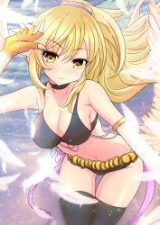 Rule 34 | 1girl, absurdres, bikini, black bikini, black choker, black thighhighs, blonde hair, breasts, choker, claws, cleavage, commentary request, duel monster, feathers, hair between eyes, harpie dancer, harpy, highres, large breasts, long hair, looking at viewer, monster girl, navel, ponytail, smile, solo, swimsuit, thighhighs, usuba kagerou, white wings, winged arms, wings, yu-gi-oh!