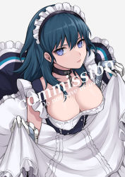 Rule 34 | 1girl, absurdres, apron, apron hold, azur lane, belfast (azur lane), belfast (azur lane) (cosplay), black choker, blue eyes, blue hair, breasts, byleth (female) (fire emblem), byleth (fire emblem), chain, choker, cleavage, commentary, cosplay, dress, fire emblem, fire emblem: three houses, gloves, grey background, hair between eyes, highres, large breasts, long hair, looking at viewer, low neckline, maid, maid apron, maid headdress, nintendo, shimizu akina, simple background, solo, white apron, white gloves