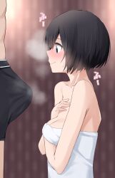 Rule 34 | 1boy, 1girl, absurdres, black hair, black shorts, blue eyes, blush, bulge, closed mouth, collarbone, commentary request, from side, hand on own chest, hetero, highres, indoors, kiona (giraffe kiona), naked towel, original, short hair, shorts, sweatdrop, towel, translation request