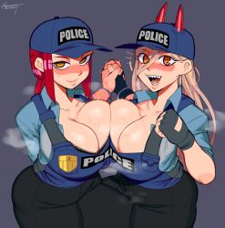 Rule 34 | 2girls, absurdres, alternate breast size, baseball cap, black gloves, blonde hair, blue overalls, blue shirt, blush, breast press, breasts, chainsaw man, cleavage, closed mouth, collarbone, collared shirt, cuffs, fingerless gloves, gloves, handcuffs, hat, highres, holding hands, horns, large breasts, long hair, looking at viewer, makima (chainsaw man), multiple girls, nezulet, open mouth, orange eyes, overalls, police, police uniform, power (chainsaw man), red hair, sharp teeth, shirt, sleeves rolled up, smile, standing, steaming body, symbol-shaped pupils, teeth, uniform, yellow eyes