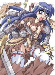 Rule 34 | 1girl, blue hair, breast hold, breasts, crack, d.a, damaged, dress, exploding clothes, long hair, nipples, panties, purple eyes, ragnarok online, small breasts, solo, sword, swordsman (ragnarok online), tearing clothes, tears, thighhighs, torn clothes, torn dress, underwear, weapon, white panties, white thighhighs