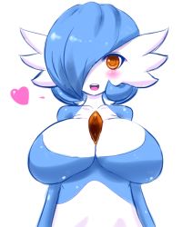 Rule 34 | 1girl, alternate color, blue hair, blush, breasts, cleavage, creatures (company), game freak, gardevoir, gen 3 pokemon, hair over one eye, heart, jcdr, large breasts, lucy (jcdr), nintendo, no humans, one eye covered, open mouth, orange eyes, pokemon, pokemon (creature), shiny pokemon, sidelocks, simple background, smile, solo, spoken heart, upper body, white background