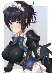 Rule 34 | 1girl, alternate breast size, benten (ioj3446), black bow, black gloves, black hair, blue bow, blunt bangs, bow, breasts, commentary request, dress, eyes visible through hair, gloves, highres, idolmaster, idolmaster cinderella girls, idolmaster cinderella girls starlight stage, large breasts, long sleeves, looking at viewer, puffy sleeves, purple eyes, shirayuki chiyo, short hair, smile, solo, teeth