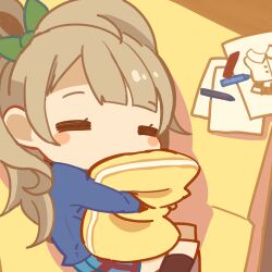 Rule 34 | 1girl, blush stickers, bow, brown hair, chibi, closed eyes, feet out of frame, hair bow, hair ornament, long hair, love live!, love live! school idol project, lowres, lying, minami kotori, mota, on side, one side up, school uniform, skirt, sleeping, solo