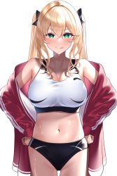 Rule 34 | 1girl, absurdres, bare shoulders, blonde hair, blush, breasts, cleavage, collarbone, cowboy shot, green eyes, gyaru, hair between eyes, hand on own hip, highres, jacket, kaku yone, kogal, large breasts, long hair, long sleeves, looking at viewer, midriff, navel, open clothes, open jacket, original, oversized clothes, panties, pink jacket, sidelocks, simple background, sports bra, sportswear, straight-on, thighs, tongue, tongue out, track and field, track jacket, track uniform, twintails, underwear, white background