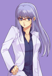 Rule 34 | 1girl, blue eyes, blue shirt, breasts, cleavage, collarbone, dress shirt, esikodama, floating hair, formal, gintama, glasses, hand on own hip, jacket, long hair, looking at viewer, medium breasts, mole, mole under eye, open clothes, open jacket, over-rim eyewear, parted lips, purple background, purple hair, red-framed eyewear, sarutobi ayame, semi-rimless eyewear, shirt, simple background, solo, standing, upper body, v-shaped eyebrows, very long hair, white jacket