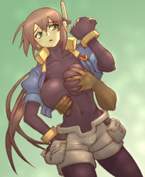 Rule 34 | 1boy, 1girl, aile (mega man zx), bodystocking, bodysuit, breasts, brown hair, gloves, grabbing, grabbing another&#039;s breast, graphite (medium), green eyes, hand on own hip, large breasts, layered sleeves, long hair, long sleeves, looking at viewer, mega man (series), mega man zx, mega man zx advent, pantyhose, pantyhose under shorts, robot ears, short over long sleeves, short sleeves, shorts, silfeed, spandex, traditional media