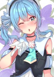 Rule 34 | 1girl, absurdres, armband, beach, blowing kiss, blue eyes, blue hair, blue necktie, blush, breasts, collar, collarbone, dress shirt, gloves, hair between eyes, hair ornament, hat, highres, hololive, hoshimachi suisei, hoshimachi suisei (old design), looking at viewer, necktie, nose blush, one eye closed, one side up, open mouth, shirt, simple background, small breasts, solo, star-shaped pupils, star (symbol), symbol-shaped pupils, tonarikeru, upper body, virtual youtuber, white gloves, white hat