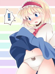 Rule 34 | !, 1girl, alice margatroid, bad id, bad pixiv id, blonde hair, blue eyes, blush, capelet, clothes lift, dress, dress lift, female focus, hairband, hammer (sunset beach), navel, open mouth, panties, short hair, solo, touhou, underwear