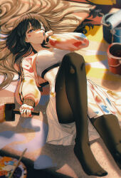 Rule 34 | 1girl, absurdres, black hair, black pantyhose, blue eyes, blurry, breasts, convenient leg, crop top, depth of field, gradient background, hair spread out, highres, holding, holding paintbrush, jacket, jisu lee, legs, long hair, looking at viewer, lying, medium breasts, midriff, no shoes, one eye closed, open clothes, open jacket, original, paint on clothes, paint splatter, paint splatter on face, paintbrush, pantyhose, pink jacket, pleated skirt, shirt, skirt, smile, white shirt, white skirt