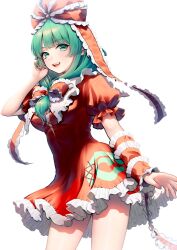 1girl :d arm_ribbon cowboy_shot dress frilled_dress frilled_ribbon frills front_ponytail green_eyes green_hair hair_ribbon hand_up highres kageharu kagiyama_hina long_hair looking_at_viewer open_mouth puffy_short_sleeves puffy_sleeves red_dress red_ribbon ribbon short_sleeves simple_background smile solo teeth touhou upper_teeth_only white_background