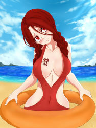 Rule 34 | 1girl, absurdres, beach, braid, breasts, fairy tail, flare corona, highres, large breasts, long hair, red eyes, red hair, solo, swimsuit, twin braids