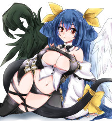 Rule 34 | 1girl, arm support, asymmetrical wings, black bow, black panties, black thighhighs, blue hair, bow, bowtie, breasts, buckle, chemaru (a8l), cleavage, closed mouth, detached collar, detached sleeves, dizzy (guilty gear), guilty gear, guilty gear xrd, hair bow, large breasts, long hair, looking at viewer, monster girl, navel, panties, red eyes, revealing clothes, smile, solo, tail, tail bow, tail ornament, thighhighs, underwear, white sleeves, wings, yellow bow