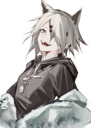 1girl absurdres alternate_hair_length alternate_hairstyle animal_ears arknights black_hoodie grey_eyes grey_hair hair_ornament highres hood hood_down hoodie jacket jewelry krin_(krinnin) lappland_(arknights) light_blush looking_at_viewer necklace off_shoulder official_alternate_costume open_mouth sharp_teeth short_hair simple_background smile solo teeth upper_body white_background white_jacket wolf_ears