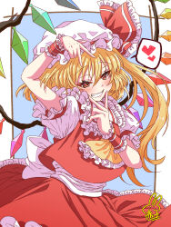 Rule 34 | 1girl, absurdres, ascot, back bow, blonde hair, bow, crystal, double v, flandre scarlet, frilled ascot, frilled shirt collar, frilled skirt, frilled sleeves, frills, hair between eyes, hat, hat ribbon, head tilt, heart, highres, jacket, looking at viewer, mob cap, multicolored wings, open mouth, puffy short sleeves, puffy sleeves, red bow, red eyes, red jacket, red ribbon, red skirt, red vest, ribbon, shirt, short sleeves, skirt, smile, solo, speech bubble, spoken heart, teeth, touhou, utyouten akako, v, vest, white hat, white shirt, wings, wrist cuffs, yellow ascot