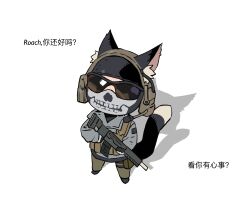 Rule 34 | 1boy, absurdres, animal ears, brown pants, call of duty, call of duty: modern warfare 2, cat boy, cat ears, cat tail, chibi, ghost (modern warfare 2), grey jacket, gun, headphones, highres, holding, holding gun, holding weapon, jacket, male focus, pants, solo, sunglasses, tail, taocan shisi hao, translation request, weapon