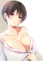 Rule 34 | 1girl, azuma yuki, bare shoulders, black hair, breasts, cleavage, cleavage reach, clothes pull, collarbone, commentary request, highres, large breasts, looking at viewer, original, red eyes, scoop neck, shirt pull, short hair, solo, upper body