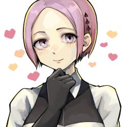 Rule 34 | 1girl, black gloves, breasts, choujin x, closed mouth, cropped torso, gloves, grey eyes, hand on own chin, heart, highres, large breasts, looking at viewer, momoma maiko (choujin x), pink eyes, pink hair, short hair, simple background, smile, solo, stroking own chin, thinking, upper body, white background, yuma kahara