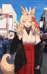 Rule 34 | 1girl, 360 (taiyo360), absurdres, alternate costume, animal ears, arknights, arm at side, black sweater, blonde hair, blue eyes, blue sky, cityscape, crowd, dated, flower, fox mask, hair flower, hair ornament, hair ribbon, hakama, hakama skirt, highres, horse ears, horse tail, japanese clothes, kimono, light blush, long hair, long sleeves, looking at viewer, mask, mask on head, open mouth, red hakama, ribbon, road, signature, skirt, sky, smile, solo focus, steam, street, sweater, tail, thick eyebrows, whislash (arknights), white kimono