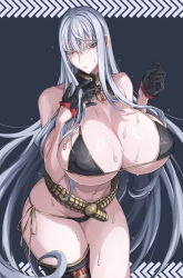 Rule 34 | 10den, 1girl, absurdres, bikini, black bikini, black gloves, blush, breasts, cleavage, eyebrows hidden by hair, gloves, hair between eyes, highres, huge breasts, long hair, looking at viewer, navel, partially shaded face, red eyes, selvaria bles, senjou no valkyria, senjou no valkyria (series), senjou no valkyria 1, solo, stomach, swimsuit, thigh strap, very long hair, wet, white hair