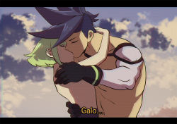 Rule 34 | 2boys, anime coloring, bae (baebae), blue hair, chromatic aberration, fake screenshot, galo thymos, green hair, kiss, letterboxed, lio fotia, male focus, multiple boys, promare, sky, spiked hair, subtitled, topless male, vhs artifacts, yaoi