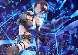 Rule 34 | 1girl, bare shoulders, black footwear, black gloves, black hair, black shorts, boots, breasts, chain, cleavage, closed mouth, collarbone, criss-cross halter, elbow gloves, gloves, halterneck, hand on own chest, hayami kanade, hip focus, idolmaster, idolmaster cinderella girls, idolmaster cinderella girls starlight stage, jewelry, large breasts, looking at viewer, navel, parted bangs, partially fingerless gloves, short hair, short shorts, shorts, smile, solo, stage lights, thigh boots, thigh strap, thighhighs, thighs, yellow eyes, yuu (asaiyuji)