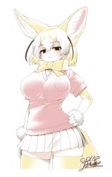 Rule 34 | 1girl, :3, alternate breast size, animal ear fluff, animal ears, arm at side, black eyes, black hair, blonde hair, breast pocket, breasts, closed mouth, commentary request, cropped legs, dated, extra ears, fennec (kemono friends), fox ears, fox girl, fox tail, fur-trimmed sleeves, fur trim, gloves, hand on own hip, kemono friends, large breasts, layered sleeves, long sleeves, looking at viewer, medium hair, microskirt, multicolored hair, necktie, parted bangs, pink sweater, pleated skirt, pocket, short-sleeved sweater, short over long sleeves, short sleeves, signature, simple background, skindentation, skirt, smile, solo, sweater, tail, thighhighs, white background, white hair, yoshida hideyuki, zettai ryouiki