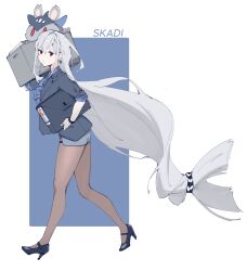Rule 34 | 1girl, absurdly long hair, alternate costume, arknights, black footwear, black jacket, black pantyhose, blue shirt, box, business suit, character name, commentary, earrings, english commentary, formal, grey skirt, high heels, highres, holding, holding box, jacket, jewelry, long hair, looking at viewer, low-tied long hair, office lady, pantyhose, pencil skirt, red eyes, shirt, skadi (arknights), skirt, solo, stuffed toy, suiiryu, suit, very long hair, walking, white hair