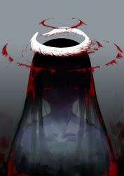 Rule 34 | 1girl, black hair, blood, blood in hair, bloody tears, commentary, covered face, facing viewer, grey background, hair between eyes, halo, jaco, long hair, original, shaded face, solo