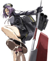 Rule 34 | 10s, 1girl, black gloves, breasts, cum, cum on body, cum on clothes, cum on lower body, cumdrip, femdom, from below, from side, glaive (polearm), gloves, halo, kantai collection, large breasts, legs, mechanical halo, open mouth, penis, polearm, purple eyes, purple hair, shoe soles, shoejob, shoes, simple background, smile, solo, takenaka hideo, tatsuta (kancolle), uncensored, weapon, white background