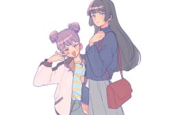 Rule 34 | 2girls, :d, alternate hairstyle, bag, bang dream!, black hair, blue shirt, blue sweater, blush, double bun, fang, grey skirt, hair bun, hand on own chest, holding another&#039;s arm, jacket, long hair, long sleeves, looking at viewer, multiple girls, open mouth, polka dot, polka dot skirt, purple eyes, purple hair, red eyes, res2shuu, shirokane rinko, shirt, shoulder bag, sidelocks, simple background, skirt, smile, striped clothes, striped shirt, sweater, udagawa ako, unmoving pattern, v-shaped eyebrows, w over eye, white background