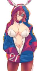 Rule 34 | 1girl, absurdres, android 21, breasts, checkered clothes, cleavage, cosplay, dragon ball, dragon ball (classic), dragon ball fighterz, highres, hood, hoodie, kinakomochi (user vedc2333), large breasts, leotard, looking at viewer, playboy bunny, solo, white background