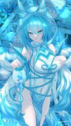 Rule 34 | 1girl, absurdres, bare shoulders, blue flower, blue hair, blue theme, breasts, covered navel, dated, eeyoosekedooaat, flower, fox girl, hand on own chest, highres, holding, hood, hood up, large breasts, licking lips, long hair, original, signature, solo, stairs, thighs, tongue, tongue out