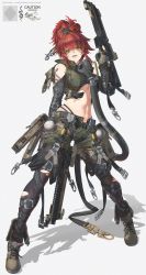 Rule 34 | 1girl, :d, bare shoulders, belt, belt pouch, boots, breasts, buckle, camouflage, camouflage shorts, clothing cutout, cross-laced footwear, dual wielding, earrings, explosive, fangs, fingerless gloves, full body, gas mask, gloves, grenade, gun, high ponytail, highres, holding, jewelry, large breasts, mask, midriff, miv4t, navel, open mouth, original, pantyhose, parted lips, pouch, red hair, rifle, shadow, shorts, shoulder cutout, slit pupils, smile, snake tattoo, snap-fit buckle, solo, tattoo, torn clothes, torn pantyhose, trigger discipline, tube, watch, weapon, weapon request, wristwatch, yellow eyes