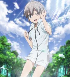 Rule 34 | 10s, 1boy, androgynous, bottomless, highres, smile, sparkle, stitched, third-party edit, totsuka saika, trap, water, wet, wet clothes, wink, yahari ore no seishun lovecome wa machigatteiru.