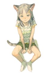 Rule 34 | 1girl, :3, animal ears, cat ears, cat tail, child, closed mouth, commentary request, fish hair ornament, green eyes, green shorts, grey hair, hair ornament, hairclip, highres, looking at viewer, medium hair, no shoes, original, parted bangs, shirt, short shorts, short sleeves, shorts, simple background, sitting, smile, socks, solo, striped clothes, striped shirt, tail, tunapon01, white background, white socks