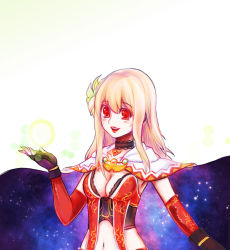 Rule 34 | 1girl, blonde hair, cape, cleavage cutout, clothing cutout, fina (ffbe), final fantasy, final fantasy brave exvius, fingerless gloves, flower, gloves, hair flower, hair ornament, highres, jewelry, lady hero, medium hair, navel, necklace, open mouth, orb, red eyes, side cutout, solo, starry sky print, stomach cutout, teeth, upper body, upper teeth only, white background