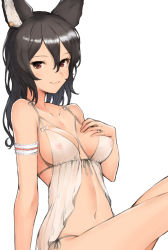 Rule 34 | 1girl, animal ears, arm strap, arm support, backless outfit, bad id, bad pixiv id, bare legs, bare shoulders, black hair, blush, breasts, brown eyes, cat ears, cleavage, collarbone, covered erect nipples, earrings, erune, granblue fantasy, hair between eyes, hand on own chest, ilsa (granblue fantasy), jewelry, koretsuki azuma, long hair, looking at viewer, medium breasts, nipples, panties, see-through, shiny skin, simple background, solo, underwear, white background, white panties