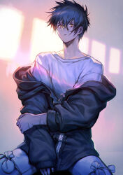 Rule 34 | 1boy, black hair, black jacket, dokuga, dorohedoro, expressionless, eye tattoo, highres, indoors, jacket, knees out of frame, looking at viewer, male focus, messy hair, orange eyes, panco, parted lips, shirt, sitting, undressing, upper body, white shirt, window shadow