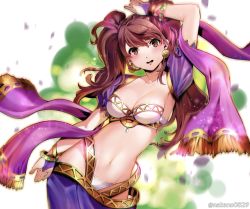 Rule 34 | 1girl, :d, arabian clothes, arm up, blush, bracelet, breasts, brown hair, cleavage, collarbone, cowboy shot, dancer, detached sleeves, earrings, highres, jewelry, kujikawa rise, leaning to the side, long sleeves, looking at viewer, medium breasts, nakano maru, navel, open mouth, orange eyes, persona, persona 4: dancing all night, persona dancing, revealing clothes, shawl, short sleeves, smile, solo, sparkle, stomach, strapless, teeth, twintails, twitter username, upper teeth only