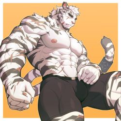 Rule 34 | 1boy, abs, absurdres, animal ears, arknights, bara, biceps, black fur, blue eyes, boxers, bulge, clenched hands, colored skin, commentary, cowboy shot, dutch angle, facial scar, from side, furry, furry male, highres, knee up, male focus, male underwear, mountain (arknights), muscular, muscular male, nail polish, navel, nipples, obliques, orange background, pectorals, scar, scar on arm, scar on cheek, scar on face, scar on hand, scar on leg, scar on stomach, scar on tail, serious, short hair, solo, standing, standing on one leg, striped fur, tail, tail raised, thighs, tiger boy, tiger ears, tiger stripes, tiger tail, tight clothes, topless male, uiokv, underwear, white fur, white nails, white skin