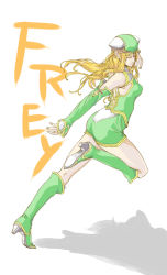 Rule 34 | 1girl, armpits, bad id, bad pixiv id, blonde hair, boots, character name, closed eyes, detached sleeves, freya (valkyrie profile), green footwear, haru yume, hat, high heels, leg lift, long hair, running, shadow, shoes, solo, valkyrie profile (series)