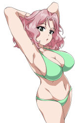 1girl 9s0ykoyama117 absurdres armpits bikini breasts cleavage collarbone girls_und_panzer green_bikini green_eyes highres large_breasts long_hair looking_at_viewer navel open_mouth peach_(girls_und_panzer) pink_hair simple_background solo swimsuit white_background