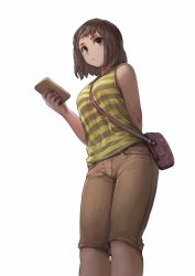 Rule 34 | 1girl, :c, arm behind back, arm up, bag, between breasts, blouse, breasts, brown hair, brown pants, capri pants, closed mouth, commentary request, eyes visible through hair, green eyes, highres, holding, holding phone, jun (navigavi), light brown pants, looking afar, pants, phone, shirt, shoulder bag, simple background, sleeveless, sleeveless shirt, solo, standing, strap between breasts, striped clothes, striped shirt, white background