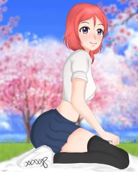 Rule 34 | 1girl, absurdres, artist name, artist request, black legwear, blue skirt, blue sky, blurry, blurry background, blush, branch, breasts, clenched hand, cloud, day, female focus, full body, hair between eyes, highres, looking at viewer, love live!, love live! school idol project, medium breasts, nishikino maki, outdoors, parted lips, purple eyes, red hair, shirt, shoes, short hair, short sleeves, sideboob, sitting, skirt, sky, smile, solo, tree, white background, white footwear, white shirt