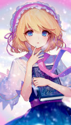 Rule 34 | 1girl, ainy, alice margatroid, blonde hair, blue dress, blue eyes, blue nails, blurry, book, capelet, commentary request, depth of field, dress, grimoire of alice, hair ribbon, hairband, hand on own chin, hand up, highres, holding, holding book, light particles, lolita hairband, looking at viewer, md5 mismatch, nail polish, open mouth, parted lips, pink hairband, pink ribbon, red neckwear, resolution mismatch, ribbon, sash, shirt, short hair, snowflake pin, snowflake print, snowing, solo, source smaller, touhou, upper body, white capelet, white shirt