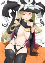 Rule 34 | 1girl, :q, bat (animal), bat wings, bed sheet, black gloves, black thighhighs, blonde hair, blush, breasts, cape, cleavage, collarbone, covered erect nipples, elbow gloves, garter straps, gloves, groin, hat, kinako (mzknk0), large breasts, long hair, looking at viewer, mole, mole under mouth, navel, red cape, red eyes, revealing clothes, senran kagura, senran kagura shinovi versus, shiki (senran kagura), shiny skin, simple background, sitting, skull, slingshot swimsuit, smile, solo, swimsuit, thighhighs, tongue, tongue out, white background, wings, witch hat